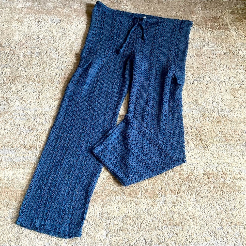 Blanco by Nature Crochet Beach Pants Knitted Pull On Drawstring Waist Teal: Med
